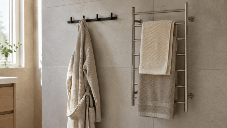 Beige bathrobe hangs on a wall hook beside a chrome heated towel rail with towels.