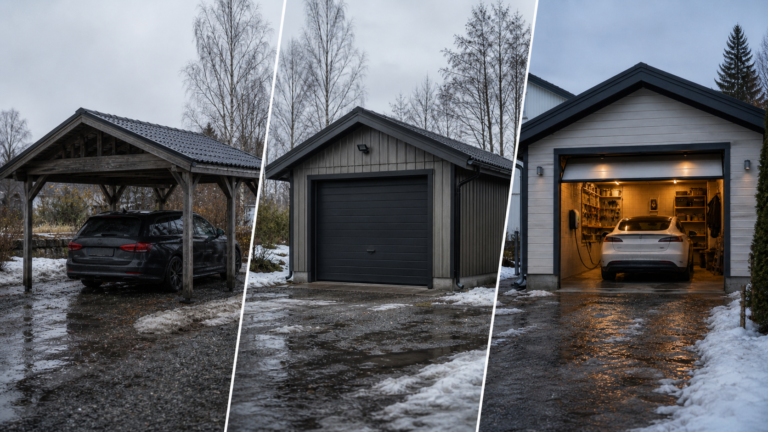 Three-panel collage showing a car under a wooden carport, a detached wooden garage with a dark door, and a lit garage interior with a car inside.